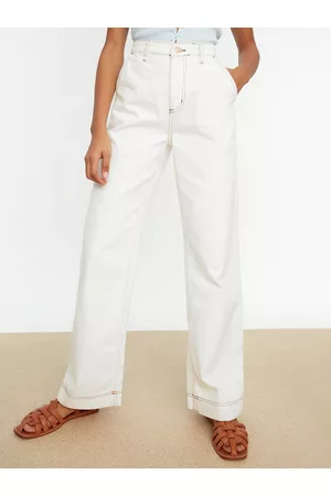 Trendyol Women Off White Wide Leg High-Rise Stitch Detail Pure Cotton Jeans
