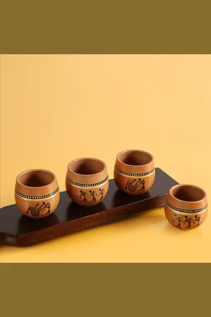 ExclusiveLane Brown Set Of 4 New-Old World Charms Warli Hand-Painted Terracotta Kulladhs