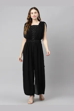Purple State Black & Silver Yoke Print Thread Work Attached Dupatta Basic Jumpsuit & Belt