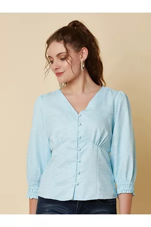 RAASSIO Women Blue & White Print Shirt Style Top