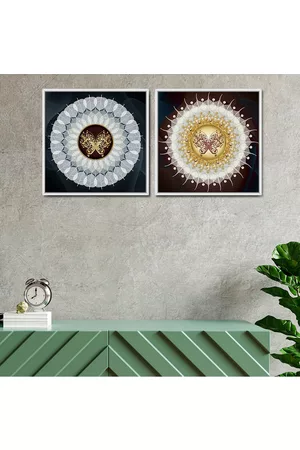 Art Set of 2 White & Blue Flower Vintage Theme Canvas Painting with Wooden Frame