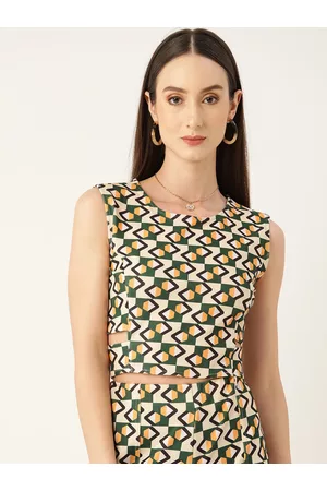 Antheaa Beige & Green Geometric Printed Crepe Crop Top