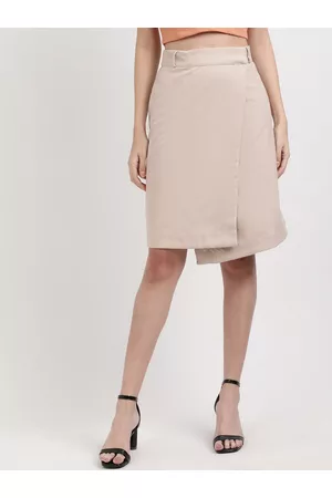 CENTRESTAGE Women Beige Solid Slim-Fit Wrap-Around Knee-Length Skirt