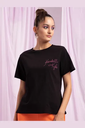 KENDALL + KYLIE Women Black Typography Oversized T-shirt