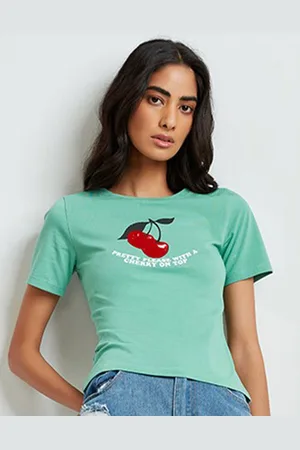 COVER STORY Women Teal Typography Printed Polo Collar Slim Fit T-shirt