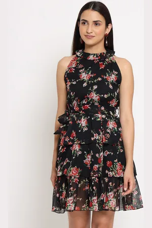 MARC LOUIS Women Black Floral Georgette Dress
