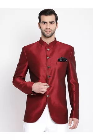 Vastramay Men Maroon Solid Bandhgala Blazer
