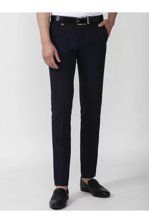 V Dot Men Navy Blue Striped Skinny Fit Formal Trousers