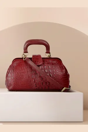 Hidesign Red Animal Textured Leather Bowling Handheld Bag with Applique