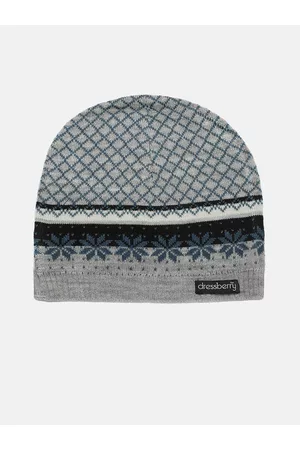 DressBerry Women Grey & Blue Woven Design Acrylic Beanie