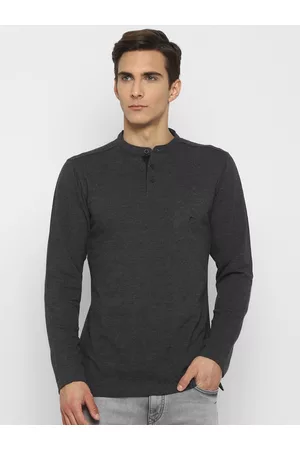 Turtle Men Charcoal Mandarin Collar Slim Fit T-shirt