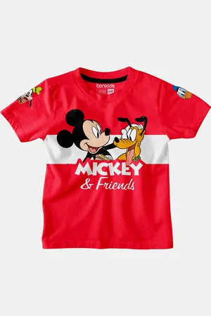 BONKIDS Boys Red Mickey Mouse Printed Applique T-shirt