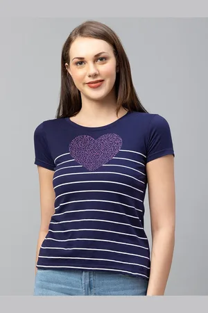 Globus Women Navy Blue Striped Extended Sleeves T-shirt