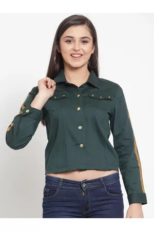 KASSUALLY Women Green Solid Crop Denim Jacket