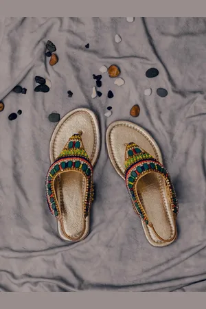 LIL PITAARA Girls Gold-Toned Ethnic T-Strap Flats