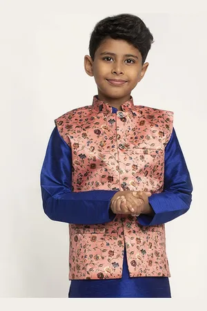 Kraft Boys Peach-Coloured & Orange Printed Satin Nehru Jacket