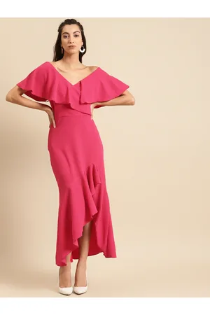 DODO & MOA Women Pink Self Design Ruffles Maxi Dress