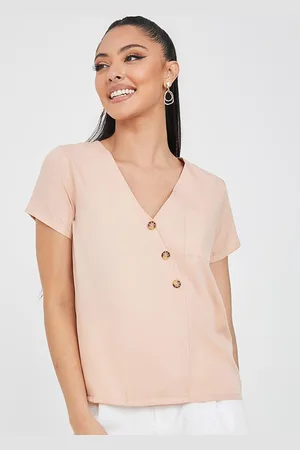 Styli Women Solid Short Sleeves Asymmetric Front Button Detail Blouse
