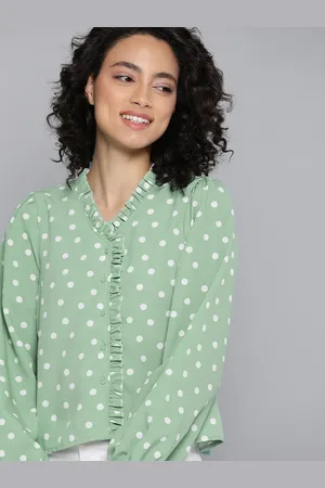 Mast & Harbour Women Green & White Polka Dot Print Shirt Style Top