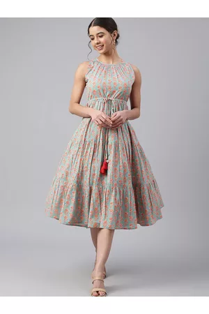 Janasya Women Pure Cotton Floral Block Print Tiered Dress