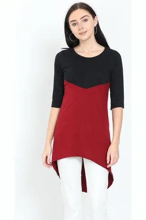 Fleximaa Women Maroon & Black Colourblocked High-Low Cotton Longline Top
