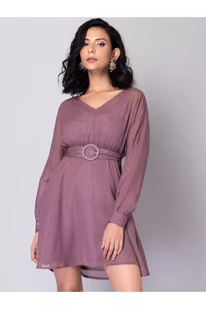FabAlley Women Pink Solid Georgette Buckle Belted A-Line Dress
