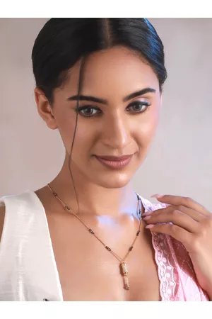 Priyaasi Gold Plated Black Beaded White AD-Studded Mangalsutra