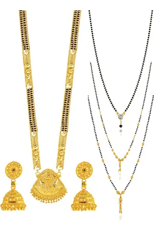 Brandsoon Set Of 4 Gold-Plated & Black Beaded Mangalsutra With Earring Set