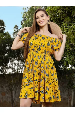 Sera Women Yellow Floral Printed Off-Shoulder Dress