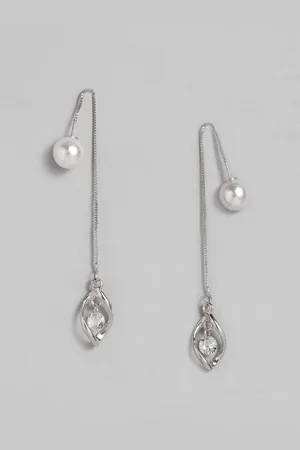 EL REGALO White & Silver-Toned Pearl Beaded Contemporary Double-Sided Drop Earrings