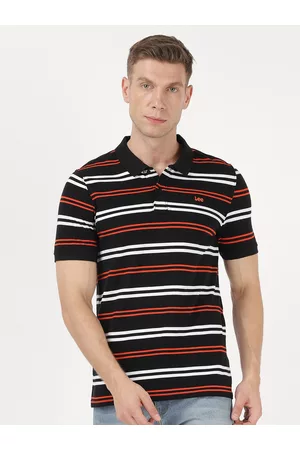 Lee Men Black Striped Polo Collar Applique Slim Fit T-shirt