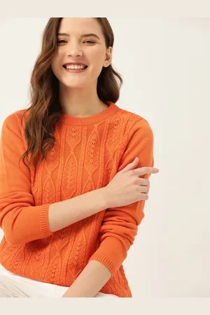 DressBerry Women Orange Cable Knit Pullover