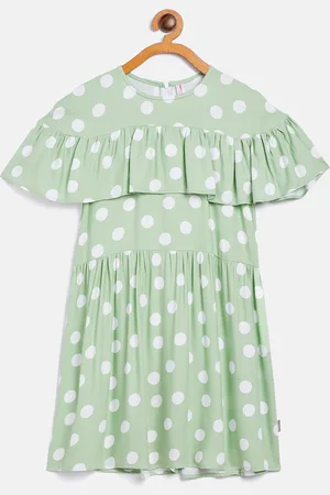 Crimsoune Club Green Polka Dots Round Neck Fit and Flare Dress