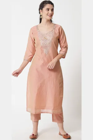 Aujjessa Women Brown Embroidered Thread Work Chanderi Silk Kurta with Trousers & With Dupatta