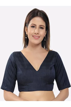 SALWAR STUDIO Women Navy Blue Silk Solid Readymade Saree Blouse
