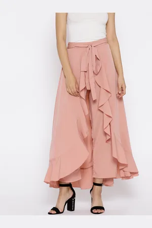 Berrylush Dusty Pink Solid Ruffled Maxi Skirt with Attached Trousers
