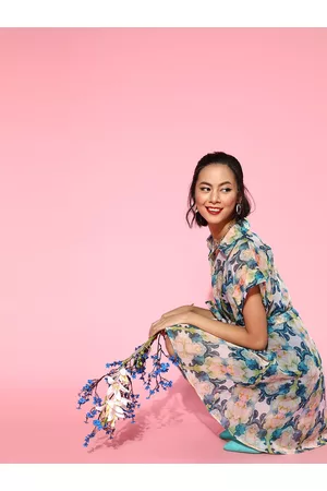 ATHENA Women Tranquil Teal Floral Belted Dress