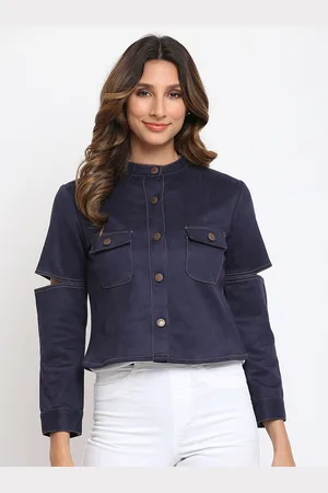 am ma Navy Blue Mandarin Collar Shirt Style Top
