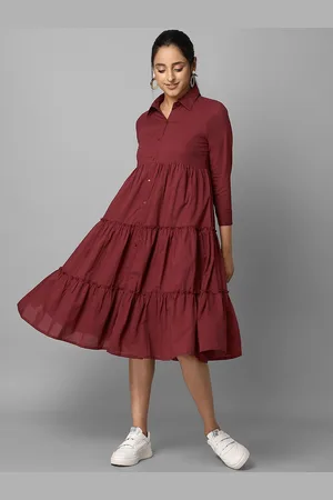 Azira Burgundy A-Line Cotton Midi Dress