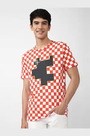 Forever 21 Men Orange & White Checked Cotton T-shirt