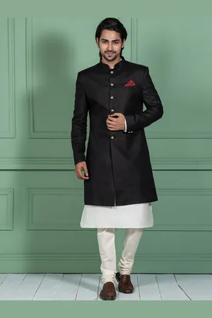 KISAH Men Solid Cotton Indowestern Sherwani Set