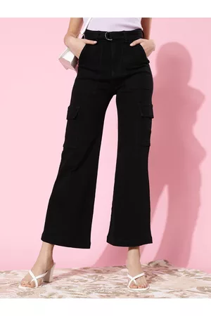 DOLCE CRUDO Women Stylish Black High-Rise Wide Leg Stretchable Jeans