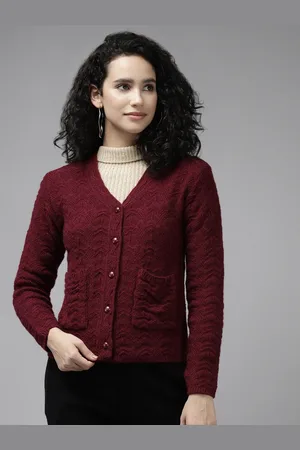 Cayman Women Maroon Cable Knit Ribbed Wool Cardigan