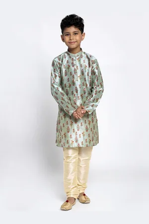 Kraft Boys Blue Floral Printed Silk Kurta with Pyjamas