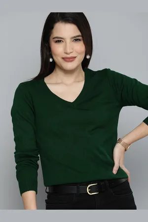 Chemistry Women Deep Green V Neck Full Sleeved Pullover Sweater