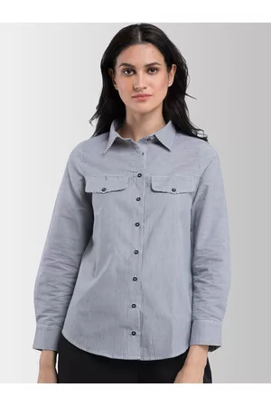 FableStreet Women Grey & White Regular Fit Striped Casual Shirt