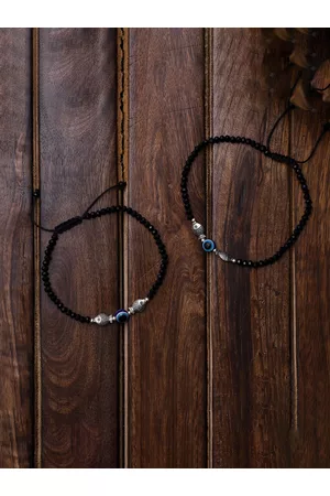 Veni Women Set Of 2 Silver-Plated & Black Beaded Evil Eye Anklets