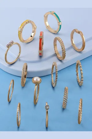 Ami Set Of 15 Gold-Plated Stone-Studded & Beaded Finger Rings
