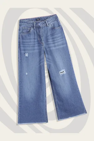Allen Solly Girls Blue Wide Leg Mildly Distressed Light Fade Cotton Jeans