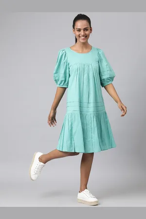 Fabindia Blue Solid Pure Cotton A-Line Midi Dress